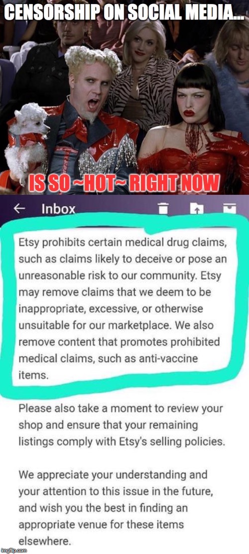 Orwellian Social Media is in Vogue | image tagged in so hot right now,censorship,etsy,anti-vaccine,medical,policies | made w/ Imgflip meme maker