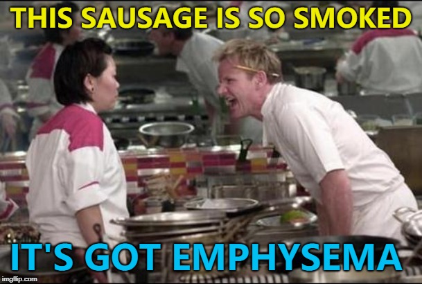 She had the same issue with her salmon... :) | THIS SAUSAGE IS SO SMOKED; IT'S GOT EMPHYSEMA | image tagged in memes,angry chef gordon ramsay,sausage | made w/ Imgflip meme maker
