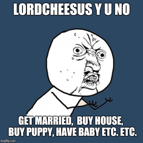 Y U No Meme | LORDCHEESUS Y U NO GET MARRIED,  BUY HOUSE,  BUY PUPPY, HAVE BABY ETC. ETC. | image tagged in memes,y u no | made w/ Imgflip meme maker