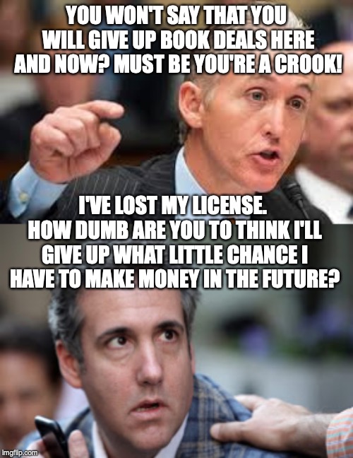 YOU WON'T SAY THAT YOU WILL GIVE UP BOOK DEALS HERE AND NOW? MUST BE YOU'RE A CROOK! I'VE LOST MY LICENSE. HOW DUMB ARE YOU TO THINK I'LL GIVE UP WHAT LITTLE CHANCE I HAVE TO MAKE MONEY IN THE FUTURE? | image tagged in trey gowdy,michael cohen looking stupid | made w/ Imgflip meme maker