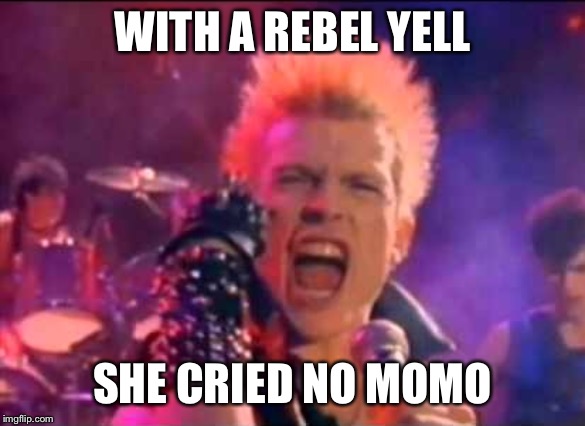 Billy Idol | WITH A REBEL YELL; SHE CRIED NO MOMO | image tagged in billy idol | made w/ Imgflip meme maker