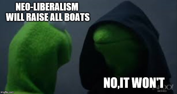 Kermit dark side | NEO-LIBERALISM WILL RAISE ALL BOATS NO,IT WON'T | image tagged in kermit dark side | made w/ Imgflip meme maker