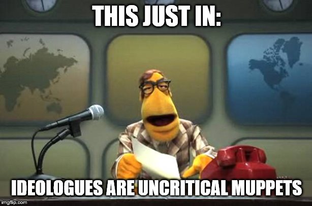 Muppet News Flash | THIS JUST IN: IDEOLOGUES ARE UNCRITICAL MUPPETS | image tagged in muppet news flash | made w/ Imgflip meme maker