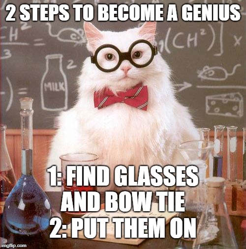 Science Cat | 2 STEPS TO BECOME A GENIUS; 1: FIND GLASSES AND BOW TIE; 2: PUT THEM ON | image tagged in science cat | made w/ Imgflip meme maker