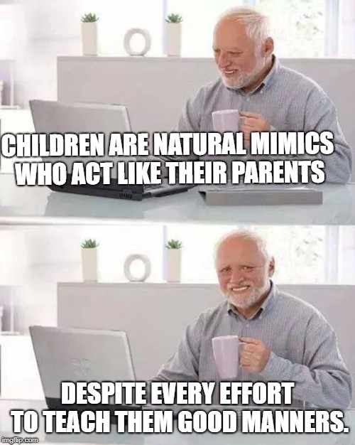 Damn it Johnny!!.....  | CHILDREN ARE NATURAL MIMICS WHO ACT LIKE THEIR PARENTS; DESPITE EVERY EFFORT TO TEACH THEM GOOD MANNERS. | image tagged in memes,hide the pain harold | made w/ Imgflip meme maker