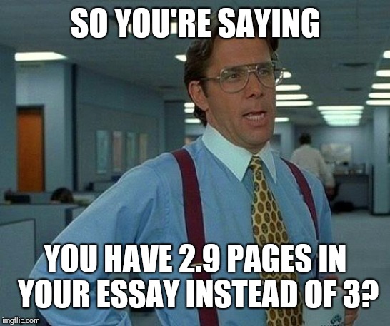 That Would Be Great Meme | SO YOU'RE SAYING; YOU HAVE 2.9 PAGES IN YOUR ESSAY INSTEAD OF 3? | image tagged in memes,that would be great | made w/ Imgflip meme maker