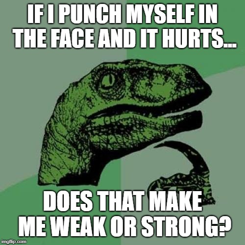Philosoraptor | IF I PUNCH MYSELF IN THE FACE AND IT HURTS... DOES THAT MAKE ME WEAK OR STRONG? | image tagged in memes,philosoraptor | made w/ Imgflip meme maker