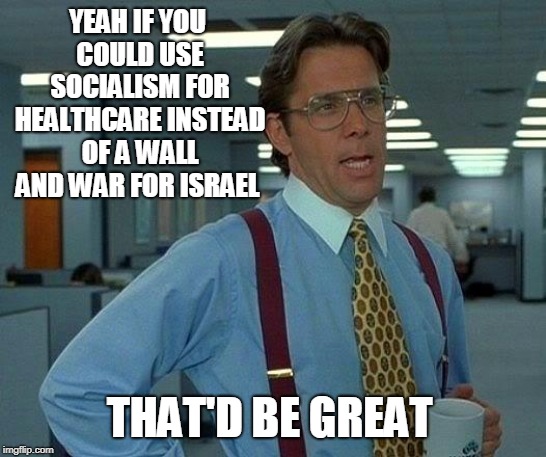 That Would Be Great | YEAH IF YOU COULD USE SOCIALISM FOR HEALTHCARE INSTEAD OF A WALL AND WAR FOR ISRAEL; THAT'D BE GREAT | image tagged in memes,that would be great | made w/ Imgflip meme maker