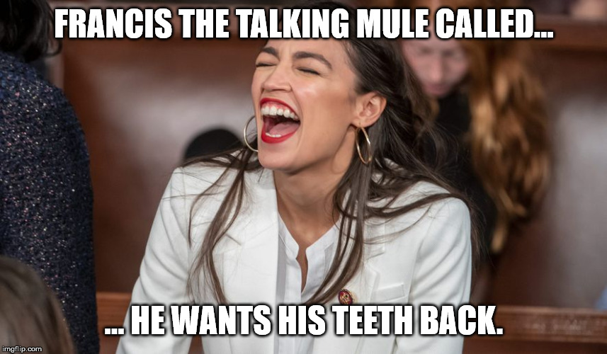 FRANCIS THE TALKING MULE CALLED... ... HE WANTS HIS TEETH BACK. | image tagged in aoc,teeth,francis the talking mule | made w/ Imgflip meme maker