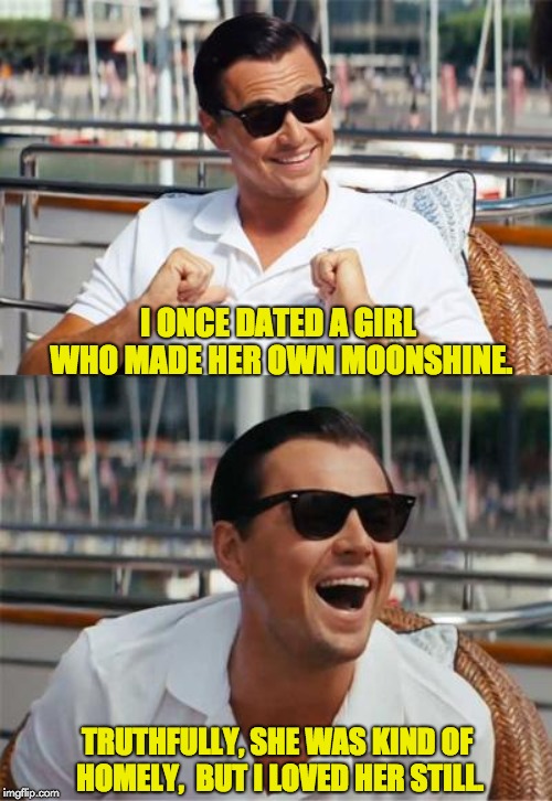 Leonardo DiCaprio Wall Street | I ONCE DATED A GIRL WHO MADE HER OWN MOONSHINE. TRUTHFULLY, SHE WAS KIND OF HOMELY,  BUT I LOVED HER STILL. | image tagged in leonardo dicaprio wall street | made w/ Imgflip meme maker