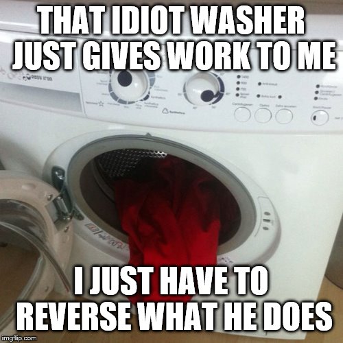 Ermagerd washer | THAT IDIOT WASHER JUST GIVES WORK TO ME I JUST HAVE TO REVERSE WHAT HE DOES | image tagged in ermagerd washer | made w/ Imgflip meme maker
