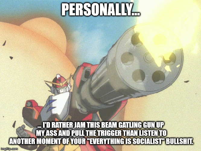 PERSONALLY... ... I'D RATHER JAM THIS BEAM GATLING GUN UP MY ASS AND PULL THE TRIGGER THAN LISTEN TO ANOTHER MOMENT OF YOUR "EVERYTHING IS SOCIALIST" BULLSHIT. | image tagged in gundam wing,politics,trowa barton,socialist bullshit | made w/ Imgflip meme maker