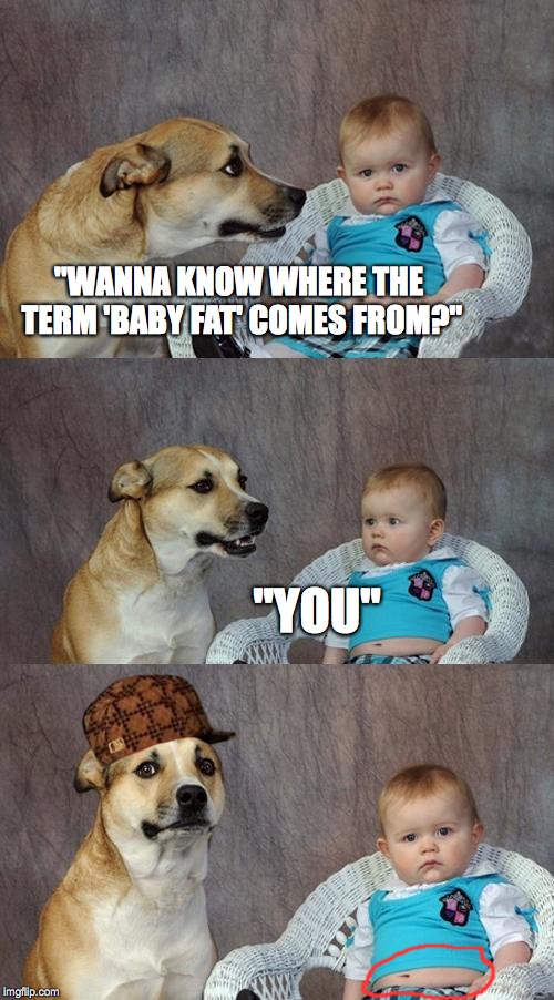 Dad Joke Dog Meme |  "WANNA KNOW WHERE THE TERM 'BABY FAT' COMES FROM?"; "YOU" | image tagged in memes,dad joke dog | made w/ Imgflip meme maker