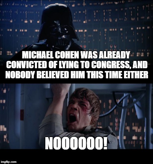 Star Wars No Meme | MICHAEL COHEN WAS ALREADY CONVICTED OF LYING TO CONGRESS, AND NOBODY BELIEVED HIM THIS TIME EITHER; NOOOOOO! | image tagged in memes,star wars no | made w/ Imgflip meme maker