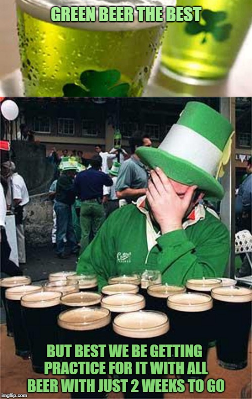 GREEN BEER THE BEST; BUT BEST WE BE GETTING PRACTICE FOR IT WITH ALL BEER WITH JUST 2 WEEKS TO GO | image tagged in 'full' irish,green beer | made w/ Imgflip meme maker