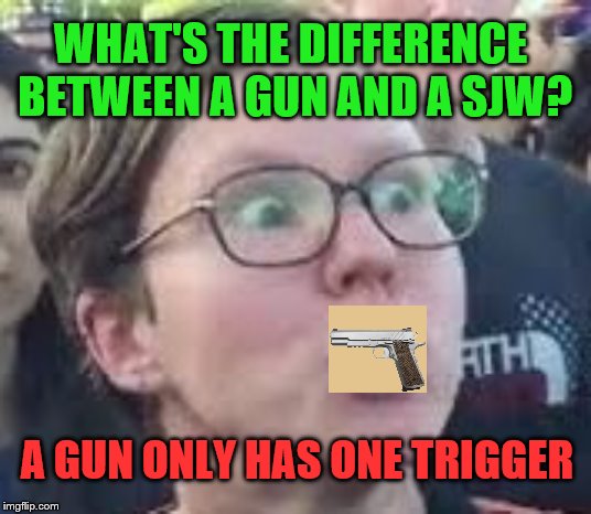 If you're triggered by this … lol | WHAT'S THE DIFFERENCE BETWEEN A GUN AND A SJW? A GUN ONLY HAS ONE TRIGGER | image tagged in sjw,joke,funny,gun,leftie,democrat | made w/ Imgflip meme maker