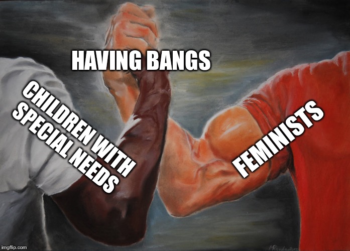 Epic Handshake | HAVING BANGS; FEMINISTS; CHILDREN WITH SPECIAL NEEDS | image tagged in epic handshake | made w/ Imgflip meme maker