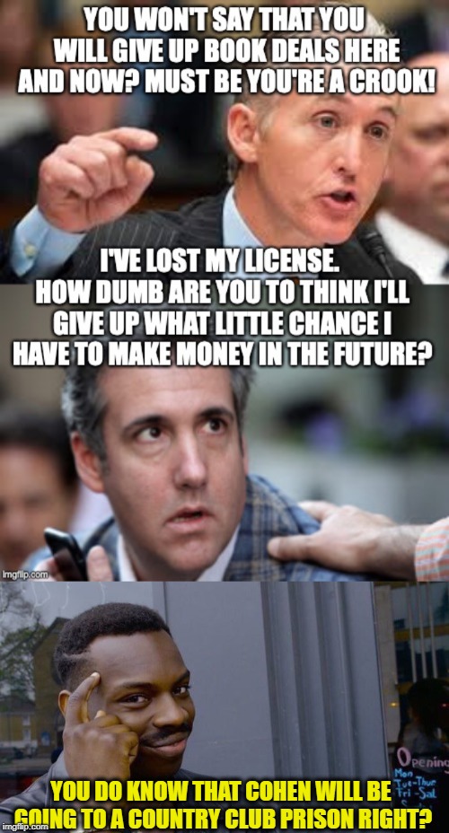 YOU DO KNOW THAT COHEN WILL BE GOING TO A COUNTRY CLUB PRISON RIGHT? | image tagged in memes,roll safe think about it,michael cohen,libtards,democrats,prison | made w/ Imgflip meme maker