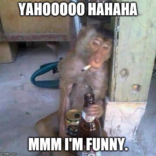 Drunken Ass monkey | YAHOOOOO HAHAHA; MMM I'M FUNNY. | image tagged in drunken ass monkey | made w/ Imgflip meme maker