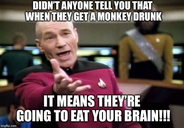 Picard Wtf Meme | DIDN’T ANYONE TELL YOU THAT WHEN THEY GET A MONKEY DRUNK IT MEANS THEY’RE GOING TO EAT YOUR BRAIN!!! | image tagged in memes,picard wtf | made w/ Imgflip meme maker