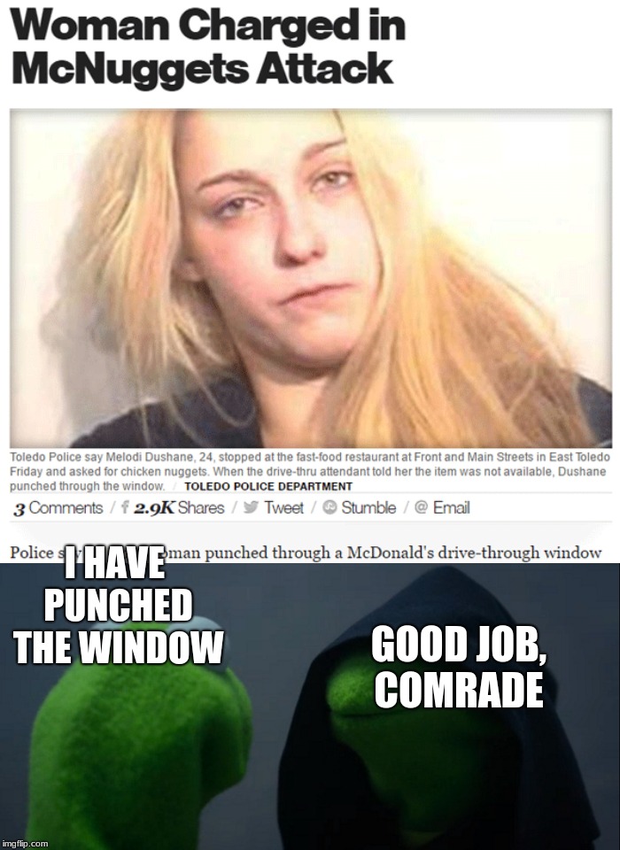 I HAVE PUNCHED THE WINDOW; GOOD JOB, COMRADE | image tagged in memes,evil kermit | made w/ Imgflip meme maker