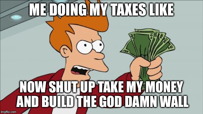 Shut Up And Take My Money Fry Meme | ME DOING MY TAXES LIKE NOW SHUT UP TAKE MY MONEY AND BUILD THE GO***AMN WALL | image tagged in memes,shut up and take my money fry | made w/ Imgflip meme maker