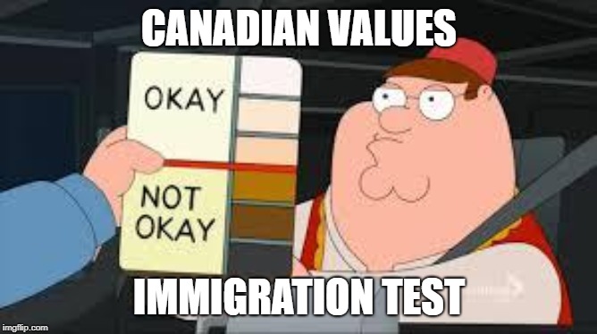 racist peter griffin family guy | CANADIAN VALUES; IMMIGRATION TEST | image tagged in racist peter griffin family guy | made w/ Imgflip meme maker