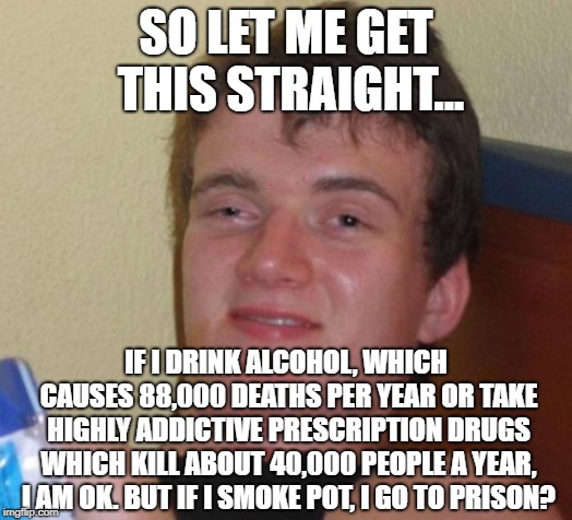 No one has ever overdosed on pot... | SO LET ME GET THIS STRAIGHT... IF I DRINK ALCOHOL, WHICH CAUSES 88,000 DEATHS PER YEAR OR TAKE HIGHLY ADDICTIVE PRESCRIPTION DRUGS WHICH KILL ABOUT 40,000 PEOPLE A YEAR, I AM OK. BUT IF I SMOKE POT, I GO TO PRISON? | image tagged in memes,10 guy,logic | made w/ Imgflip meme maker