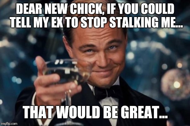 Leonardo Dicaprio Cheers | DEAR NEW CHICK, IF YOU COULD TELL MY EX TO STOP STALKING ME... THAT WOULD BE GREAT... | image tagged in memes,leonardo dicaprio cheers | made w/ Imgflip meme maker