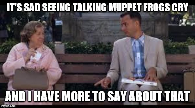 forrest gump box of chocolates | IT'S SAD SEEING TALKING MUPPET FROGS CRY AND I HAVE MORE TO SAY ABOUT THAT | image tagged in forrest gump box of chocolates | made w/ Imgflip meme maker