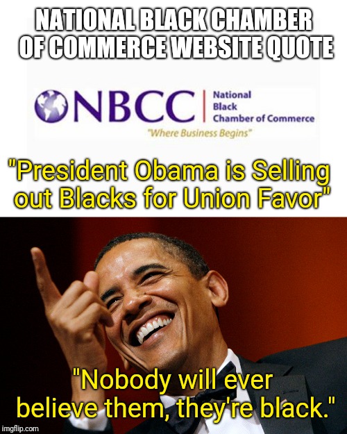 Obama Uncle Tom | NATIONAL BLACK CHAMBER OF COMMERCE WEBSITE QUOTE; "President Obama is Selling out Blacks for Union Favor"; "Nobody will ever believe them, they're black." | image tagged in obama,politics,president,democrats,sell out | made w/ Imgflip meme maker