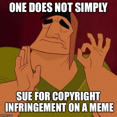 When X just right | ONE DOES NOT SIMPLY; SUE FOR COPYRIGHT INFRINGEMENT ON A MEME | image tagged in when x just right | made w/ Imgflip meme maker