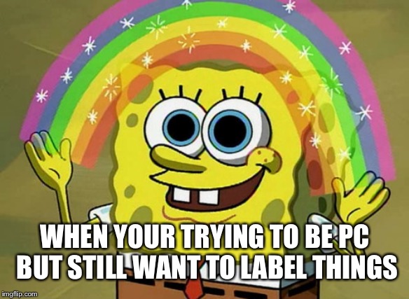 Any cat, your neighbors, half your friends half the time, any iphone, work tasks, out of something | WHEN YOUR TRYING TO BE PC BUT STILL WANT TO LABEL THINGS | image tagged in memes,imagination spongebob | made w/ Imgflip meme maker