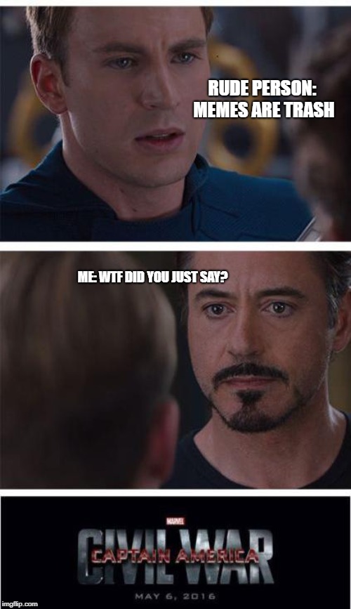 Marvel Civil War 1 Meme | RUDE PERSON: MEMES ARE TRASH; ME: WTF DID YOU JUST SAY? | image tagged in memes,marvel civil war 1 | made w/ Imgflip meme maker