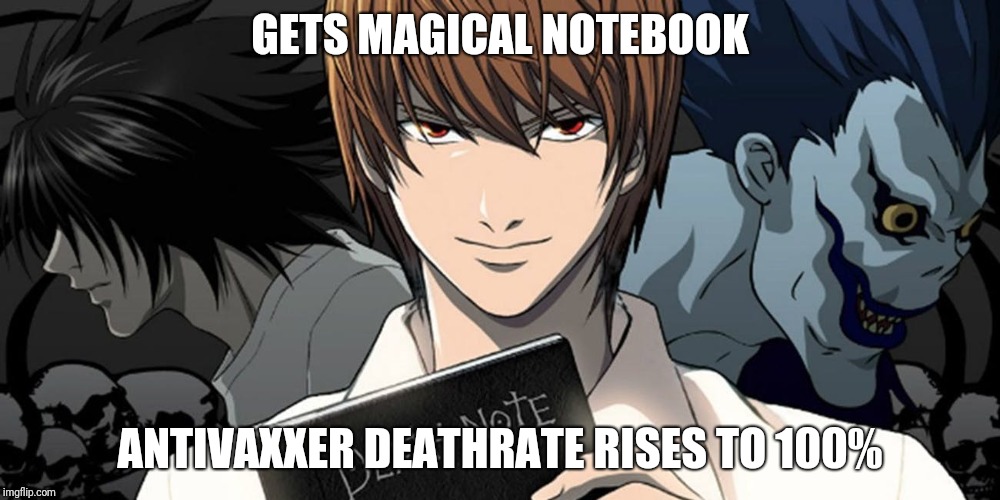 GETS MAGICAL NOTEBOOK; ANTIVAXXER DEATHRATE RISES TO 100% | image tagged in gets magical notebook kills all | made w/ Imgflip meme maker