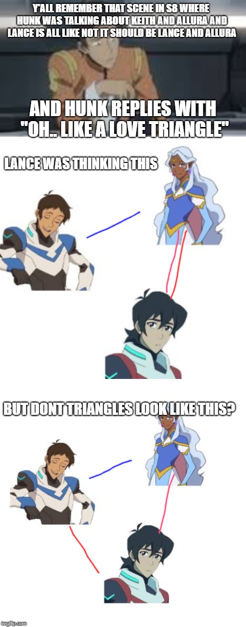 only true voltron fans will understand | Y'ALL REMEMBER THAT SCENE IN S8 WHERE HUNK WAS TALKING ABOUT KEITH AND ALLURA AND LANCE IS ALL LIKE NOT IT SHOULD BE LANCE AND ALLURA; AND HUNK REPLIES WITH "OH.. LIKE A LOVE TRIANGLE"; LANCE WAS THINKING THIS; BUT DONT TRIANGLES LOOK LIKE THIS? | image tagged in voltron,vld,klance,allurance,kallura | made w/ Imgflip meme maker