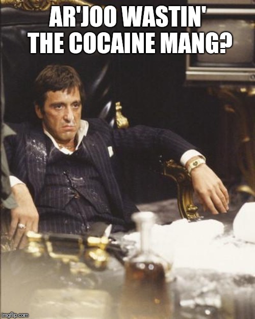 SCARFACE | AR'JOO WASTIN' THE COCAINE MANG? | image tagged in scarface | made w/ Imgflip meme maker