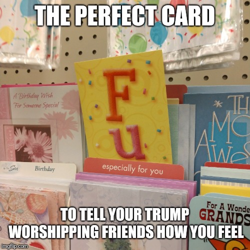 F U, especially for you | THE PERFECT CARD; TO TELL YOUR TRUMP WORSHIPPING FRIENDS HOW YOU FEEL | image tagged in fu especially for you,trump,donald trump,greetings,screw you,trump supporters | made w/ Imgflip meme maker