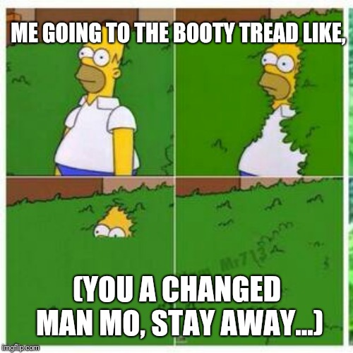 Homer hides | ME GOING TO THE BOOTY TREAD LIKE, (YOU A CHANGED MAN MO, STAY AWAY...) | image tagged in homer hides | made w/ Imgflip meme maker