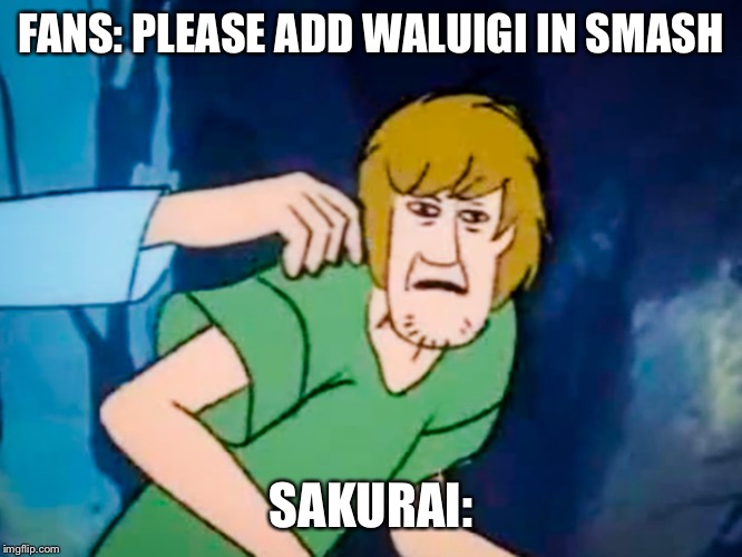 Shaggy meme | FANS: PLEASE ADD WALUIGI IN SMASH; SAKURAI: | image tagged in shaggy meme | made w/ Imgflip meme maker