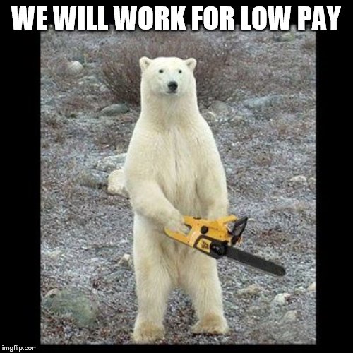 Chainsaw Bear Meme | WE WILL WORK FOR LOW PAY | image tagged in memes,chainsaw bear | made w/ Imgflip meme maker