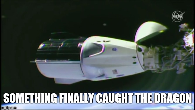 Dragon capsule | SOMETHING FINALLY CAUGHT THE DRAGON | image tagged in space,spacex,dragon | made w/ Imgflip meme maker