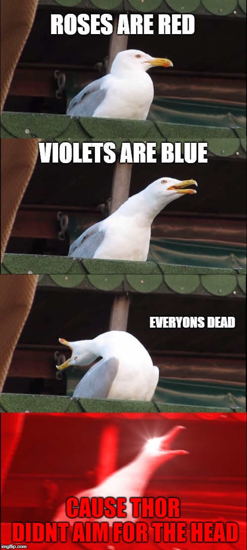 Inhaling Seagull | ROSES ARE RED; VIOLETS ARE BLUE; EVERYONS DEAD; CAUSE THOR DIDNT AIM FOR THE HEAD | image tagged in memes,inhaling seagull | made w/ Imgflip meme maker