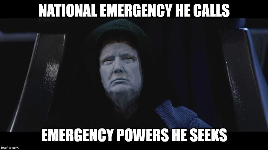 Totally harmless he is | NATIONAL EMERGENCY HE CALLS; EMERGENCY POWERS HE SEEKS | image tagged in emperor trump,emergency powers,national emergency,build a wall,kingtrump,abuse of powers | made w/ Imgflip meme maker