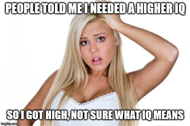 Dumb Blonde | PEOPLE TOLD ME I NEEDED A HIGHER IQ; SO I GOT HIGH, NOT SURE WHAT IQ MEANS | image tagged in dumb blonde | made w/ Imgflip meme maker