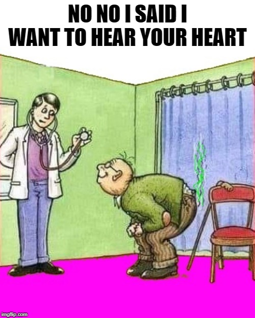 a little hard of hearing | NO NO I SAID I WANT TO HEAR YOUR HEART | image tagged in heart,fart,doctor,joke | made w/ Imgflip meme maker