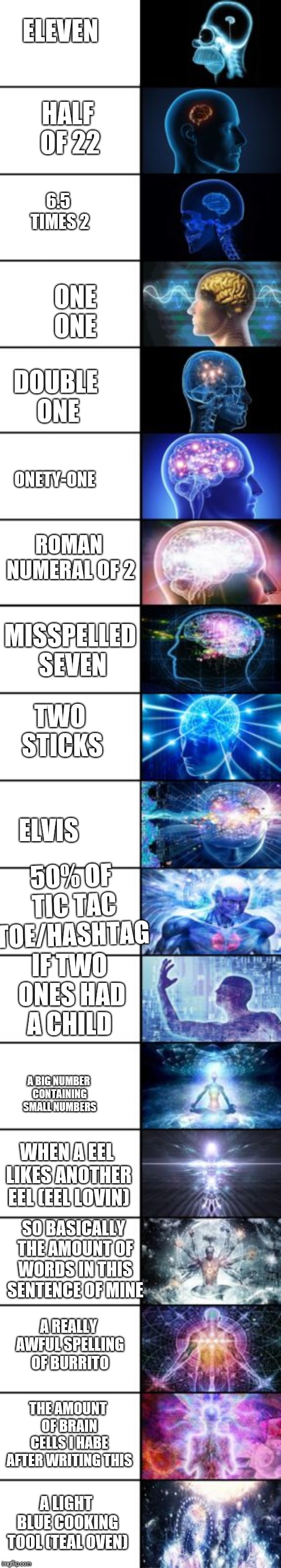 Expanding Brain longest version | ELEVEN HALF OF 22 6.5 TIMES 2 ONE ONE DOUBLE ONE ONETY-ONE ROMAN NUMERAL OF 2 MISSPELLED SEVEN TWO STICKS ELVIS 50% OF TIC TAC TOE/HASHTAG I | image tagged in expanding brain longest version | made w/ Imgflip meme maker