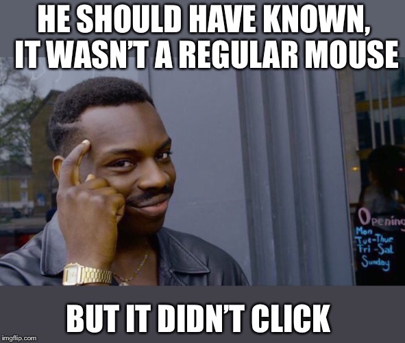 Roll Safe Think About It Meme | HE SHOULD HAVE KNOWN, IT WASN’T A REGULAR MOUSE BUT IT DIDN’T CLICK | image tagged in memes,roll safe think about it | made w/ Imgflip meme maker