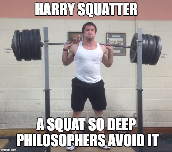 Clarence Kennedy : Harry Squatter |  HARRY SQUATTER; A SQUAT SO DEEP PHILOSOPHERS AVOID IT | image tagged in sports,harry potter,weight lifting,squat,fun | made w/ Imgflip meme maker