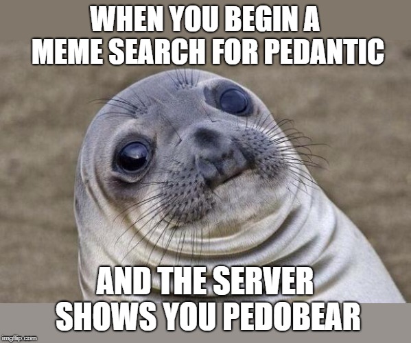 Who was watching over my shoulder? | WHEN YOU BEGIN A MEME SEARCH FOR PEDANTIC; AND THE SERVER SHOWS YOU PEDOBEAR | image tagged in memes,awkward moment sealion,pedobear,shocked | made w/ Imgflip meme maker